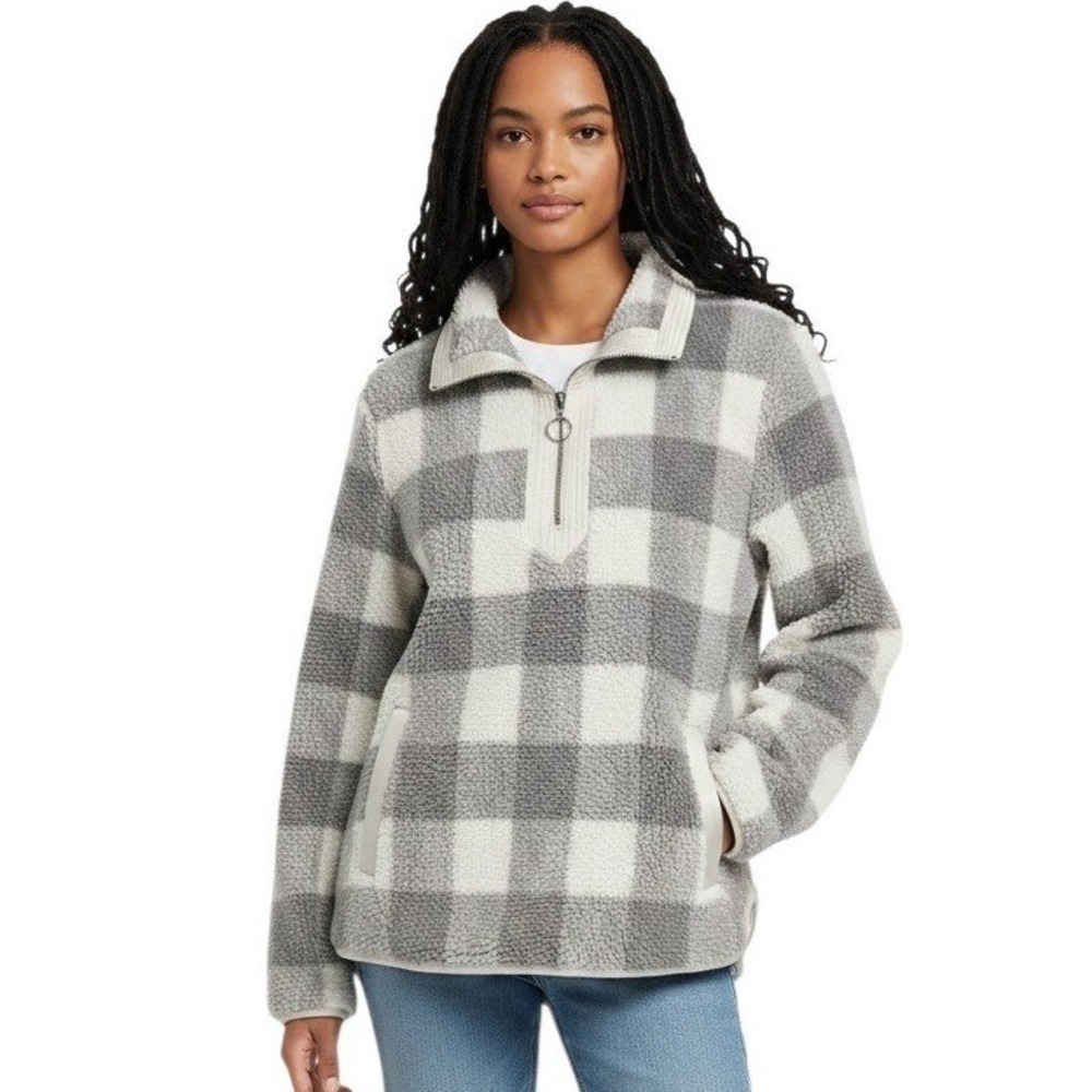 Abercrombie & Fitch Grey White Plaid Sherpa Fleece Quarter Zip Pullover Small